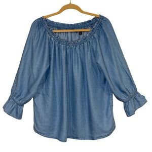 Du Jour Womesn Blouse Blue Large Peasant Off Shoulder Lyocell Ruffle Boho